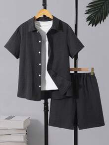 SHEIN Vacaura 青少年（男童）春夏休闲度假绅士红色短袖衬衫和短裤两件套 - 灰色 - 查看 6
