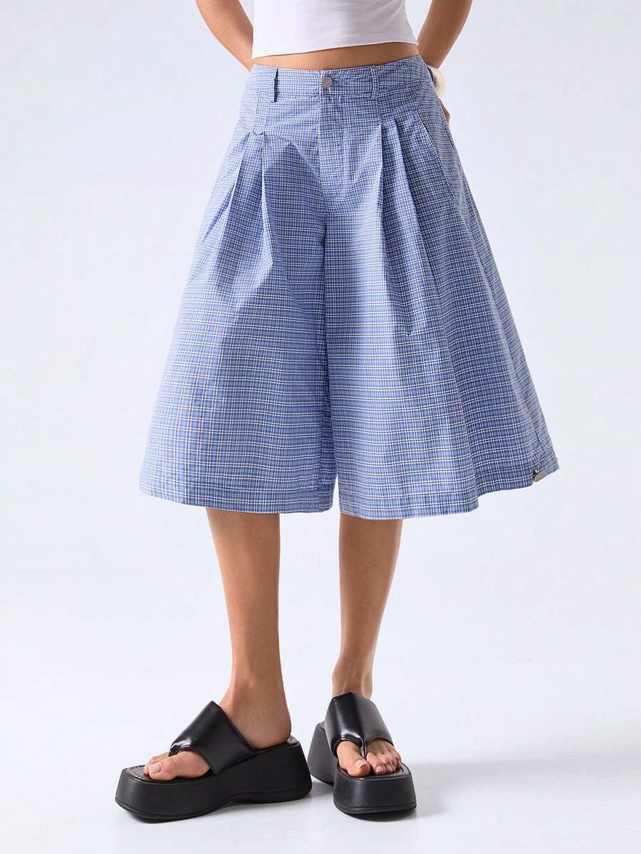 LYSMO 2026 New Arrive Minimalism Spring/Summer Women's Plaid High Waist Pleated Wide Leg Shorts - Blue - View 1