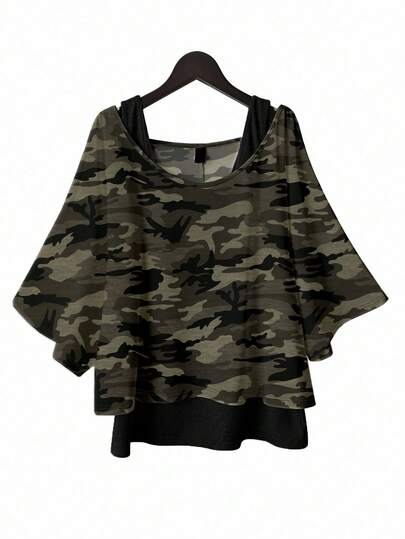 SHEIN Essnce Bộ 2 món gồm áo thun tay cánh dơi in họa tiết rằn ri cỡ lớn và áo tank top màu trơn.