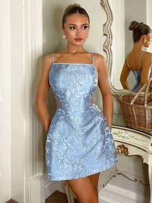 Glamine Charm Vestido corto elegante y sexy de mujer con tirantes finos, estilo princesa francesa, color azul claro y manga abullonada - Celeste - Ver 7