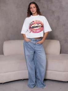 juhmazzocco Women's Fall Streetwear Daily Wear Vintage Y2K Going Out Hip-Hop Casual Oversized  Crop  Lips Graphic Tee - White - View 1