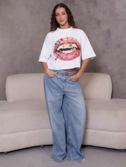 juhmazzocco Women's Fall Streetwear Daily Wear Vintage Y2K Going Out Hip-Hop Casual Oversized  Crop  Lips Graphic Tee