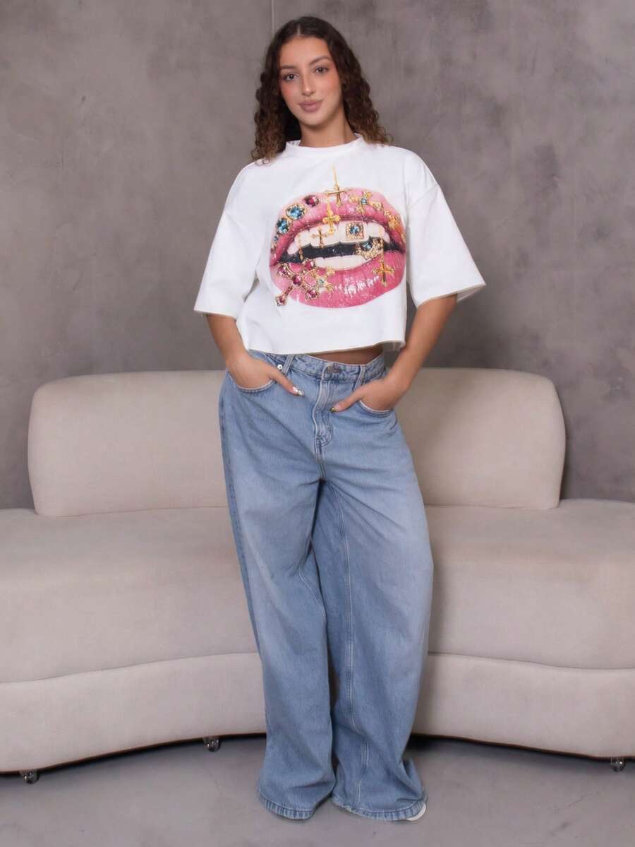 juhmazzocco Women's Fall Streetwear Daily Wear Vintage Y2K Going Out Hip-Hop Casual Oversized  Crop  Lips Graphic Tee - White - View 1