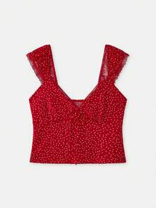 lacRébo Áo croptop dệt kim chấm bi đỏ với cổ áo hình trái tim và chi tiết ren, kiểu dáng dễ thương mùa xuân hè, phong cách Pháp, Paris. - Đỏ - Xem 6