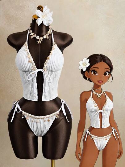 Swim Lushoire Wiosenno-letni, najlepiej sprzedający się, specjalistyczny top z żakardowej tkaniny na ramiączkach typu spaghetti z wstążką z motywem oceanu + specjalistyczny pas żakardowy z wisiorkiem z motywem oceanu, wiązane spodnie po bokach, luksusowy 2-częściowy damski komplet bikini na ramiączkach typu spaghetti