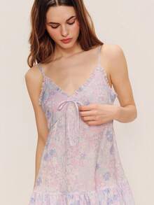 Lilac Floral Mini Dress With Ruffles, V-Neckline And Smocked Back Spring Summer Dress Ruffle Dress Vacation Dress Holiday Dress French Style Parisian Style Ruffle Dress Loose Vacation Dress - Multicolor - View 4