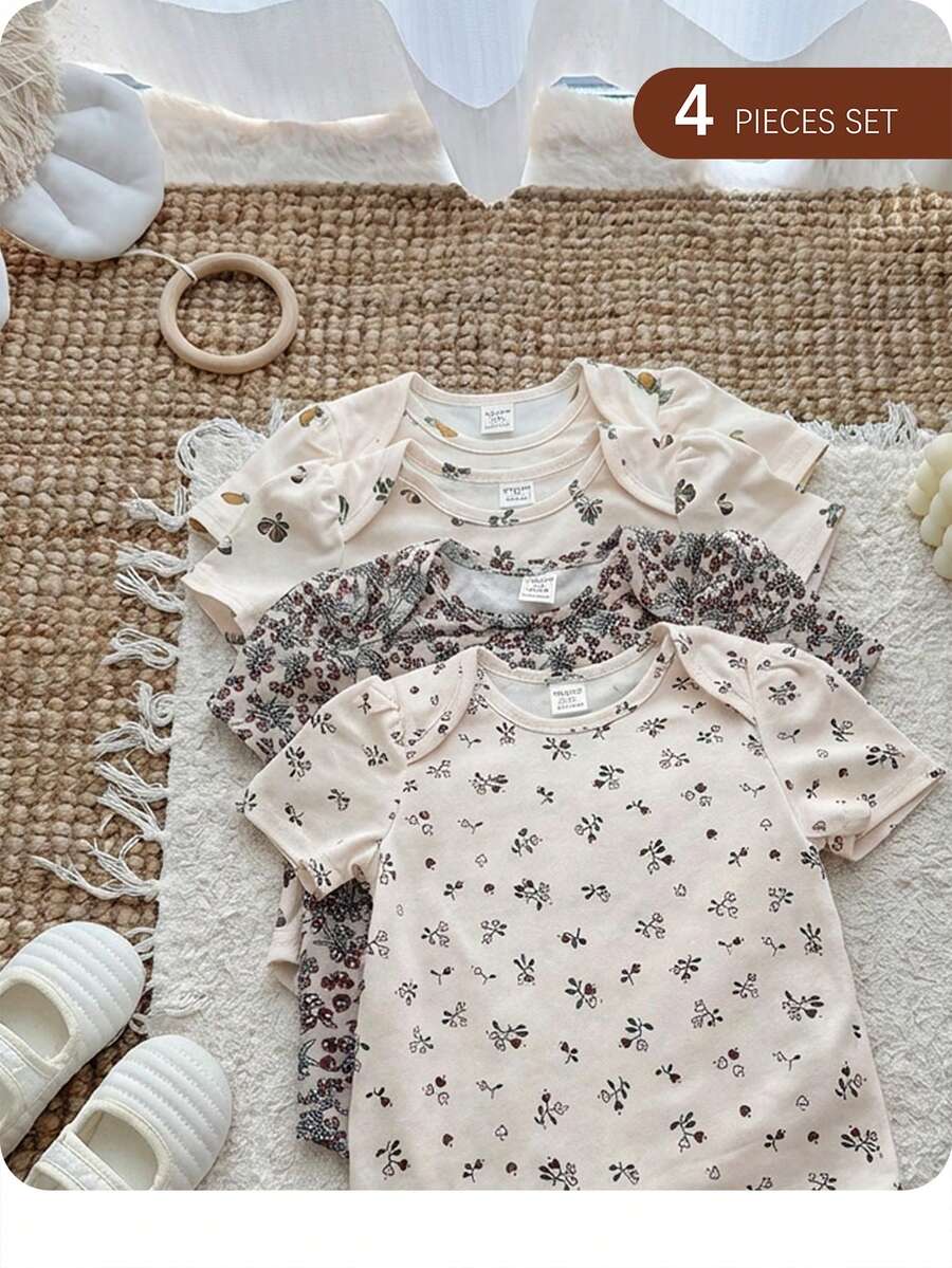 SHEIN Bộ 4 món áo liền quần dệt kim họa tiết hoa nhí dễ thương cho bé gái sơ sinh, thích hợp mặc mùa hè. - Màu be - Xem 1