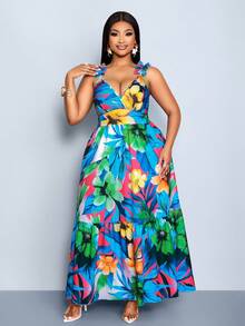SOLERSUN Plus Size Women's Elegant Fitted Backless Long Dress, Floral Multi-Color Print, Cross-Neck V-Neck Ruffled Shoulder Straps, Multi-Layered Ruffled Hem Elegant Dress, Spring/Summer New Ruffled Short-Sleeved Tie-Up Pleated Loose Casual Floor-Length A-Line Suspender Dress Elegant Casual Vacation, Sexy Botanical Floral Fashion Women's Clothing, St. Patrick's Day, Green, Four-Leaf Clover, Summer Vacation - Royal Blue - View 5