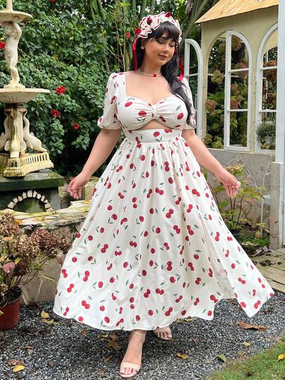 Lyrianda Plus Size Casual Cherry Print Hollow-Out Dress
