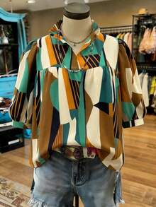 Voyazaga Women's Plus Size Shirt Brown,Autumn,Boho,Vacation,Holiday Retro Random Print Puff Sleeves Stand-Up Collar Front Pleats Ruffled Hem Casual Top Gym - Multicolor - View 5
