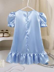 女童甜美仿珍珠串珠花瓣袖连衣裙，夏季 - 藍色 - 查看 2