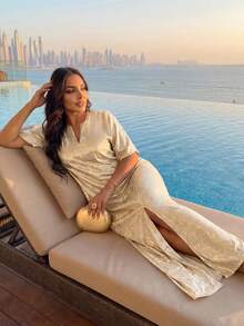 SHEIN Lady 节日连衣裙四季/婚礼宾客/教堂服装/舞会礼服/金色裙子/晚宴服装/金色女士缎面提花前开衩连衣裙，休闲派对优雅 - 金色 - 查看 7