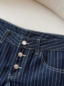 Elamini 女士低腰时尚条纹原色水洗牛仔短裤 - 深色水洗藍 - 查看 5