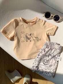 2pcs/Set Baby Boy Casual Simple Round Neck Short-Sleeved Short-Sleeved Two Pieces Set Suitable For Summer - Khaki - View 6