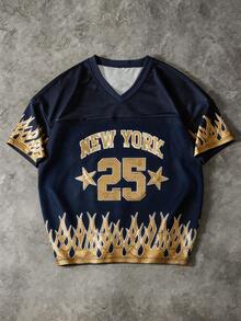 Manfinity EMRG Men's Casual V-Neck Short Sleeve T-Shirt With Numeric Flame Print - Multicolor - View 1