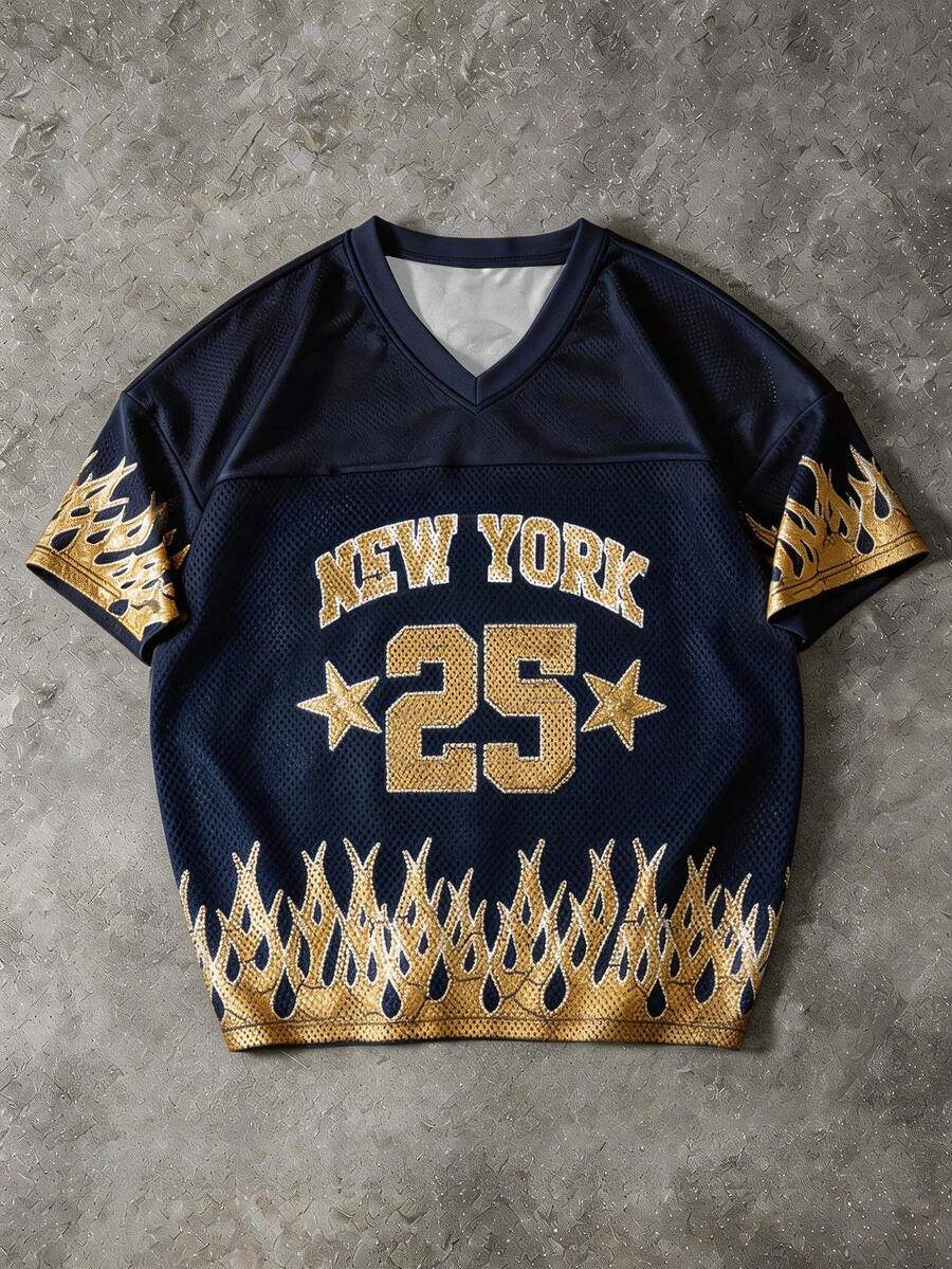 Manfinity EMRG Men's Casual V-Neck Short Sleeve T-Shirt With Numeric Flame Print - Multicolor - View 1