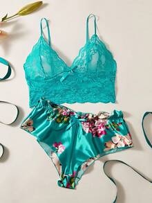 Floral Lace Bow Front Lingerie Set - Green - View 3