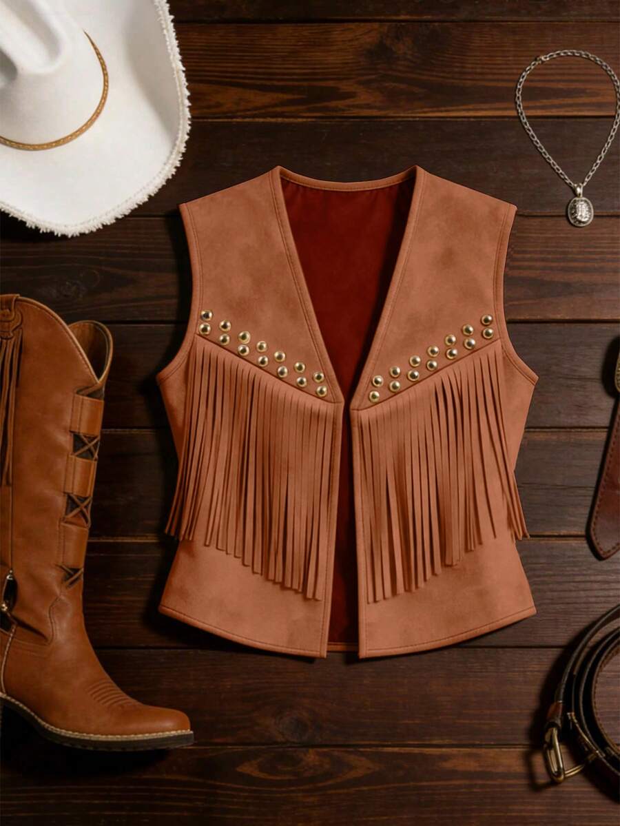 EMERY ROSE Women's Suede Fringe Rivet Decor Boho Casual Jacket,Shades Of Brown,Autumn,Country Western,Concert,Chic Sleeveless Beige Early Spring & Summer Vest - Rust Brown - View 1
