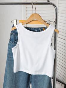 SHEIN 少女甜美可爱3D蕾丝荷叶边蝴蝶结装饰方领吊带背心，适合日常、通勤、休闲、度假、朋友聚会、春夏穿着 - 白色 - 查看 2
