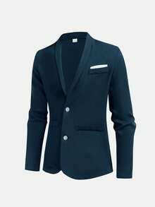 SHEIN 青少年男童藏蓝色修身西装套装，简约廓形，休闲学院风，舒适时尚，适合日常穿着、上学、外出、聚会、度假等各种场合。 - 寶藍色 - 查看 9