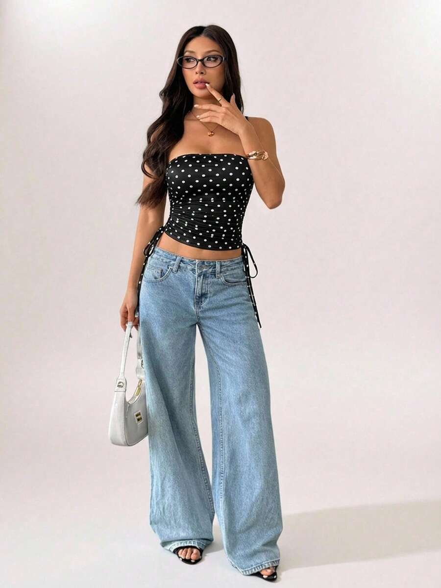 SHEIN PETITE 女士休闲简约Y2K黑白波点印花褶皱系带露脐上衣,哥特风,适合外出穿着,裹身式上衣 - 黑色 - 查看 1