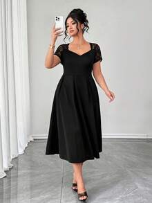 SHEIN Elenzya Plus Size Lace Patchwork Black Summer Elegant Formal Dress, Date Night Party Waist Versatile Chic Tea Ankle Length Midi Cocktail - Black - View 4