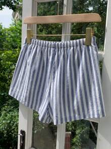 Comfortcana 女士复古海军蓝条纹休闲棉质抽绳短裤，适合外出、街头风、时尚休闲、海滩度假 - 彩色 - 查看 2