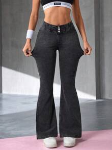 Flexra 女士休闲弹力水洗牛仔喇叭裤 - 灰色 - 查看 7