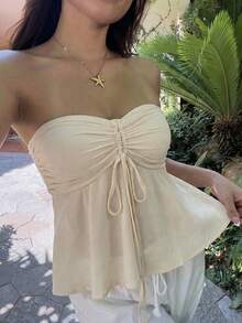 KARISMINA 女士优雅浪漫度假风抽绳抹胸上衣，春夏款 - 米色 - 查看 7