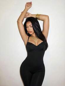 Slaydiva 春夏新款Y2K街头风性感单品：性感、派对、晚餐、约会、夜店、夜生活、旅行穿搭、机场、街头风、Y2K、派对、度假、基础款、蕾丝边饰胸罩肩带连体衣 - A - 黑色 - 查看 6