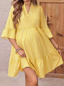 SHEIN Đầm sơ mi ngắn tay cổ đứng kẻ sọc dành cho nữ - Màu vàng - Xem 5