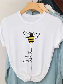 EMERY ROSE Áo thun ngắn tay cổ tròn họa tiết ong và chữ tối giản - trắng - Xem 7