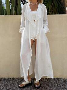 DAZY 女士宽松薄款纯色翻领长袖系带休闲优雅春夏轻薄防风外套 - 白色 - 查看 6