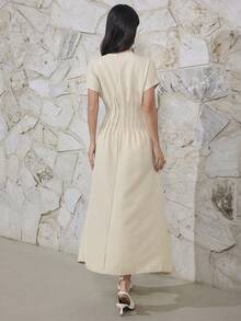 Heiryn Đầm midi xếp ly thắt eo mùa hè, đầm thanh lịch để đi làm. - Màu Khaki - Xem 2