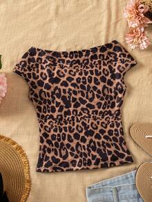Sparklyn Tween GirlsVacation Fitted One-Shoulder T-Shirt - Coffee Brown - View 2