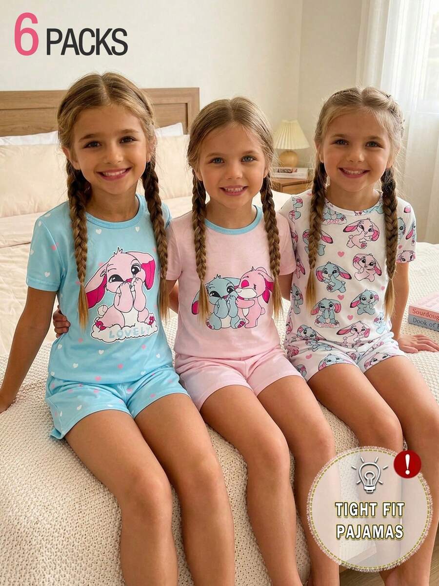 Set de 6 piezas de pijama de punto de cuello redondo con mangas cortas y pantalones cortos para niñas, conjunto de colores en bloque de conejo azul y magenta, ropa de casa y ropa de dormir versátil y de moda - Multicolor - Ver 1
