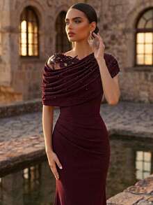 Aureia Elegante y romántico vestido de noche de punto elástico negro con contraste de malla, volantes asimétricos en los hombros, bajo de sirena, con aplicaciones, cuentas y diseño de strass, adecuado para fiestas de noche, citas, bodas, vestido de madre de la novia - Granate - Ver 4