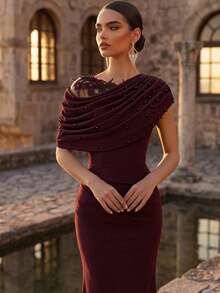 Aureia Elegante y romántico vestido de noche de punto elástico negro con contraste de malla, volantes asimétricos en los hombros, bajo de sirena, con aplicaciones, cuentas y diseño de strass, adecuado para fiestas de noche, citas, bodas, vestido de madre de la novia - Granate - Ver 1