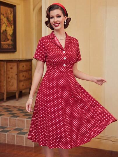 Auvina Plus-Size Vintage Polka Dot Vacation Dress | Everyday Casual Dress | Red Polka Dot Midi Dress | Elegant Party Dress