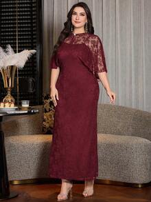 Modelyn Designer Plus Size Elegant Burgundy Long Lace Dress With Cloak Sleeves And Stand Collar - Burgundy - View 5