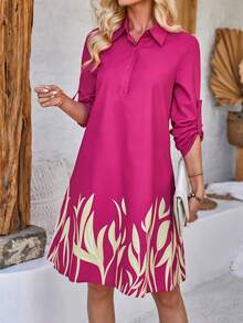 EMERY ROSE Women Holiday Casual Plant Print Roll Sleeve Dress - Hot Pink - View 1