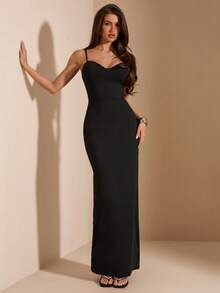 SHEIN BAE 女士纯黑色极简吊带修身连衣裙 - 黑色 - 查看 4