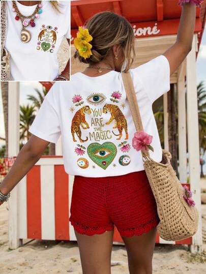 DrmWander Women's T-Shirt, Casual Street Style Graphic Short Sleeve T-Shirt, Cute Summer Top