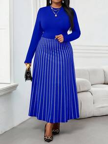 SHEIN Lady CURVE 秋冬优雅通勤办公室彩色针织立领喇叭中长袖大码连衣裙冬季女装感恩节女装冬季服装长袖连衣裙冬季冬装 - 寶藍色 - 查看 8