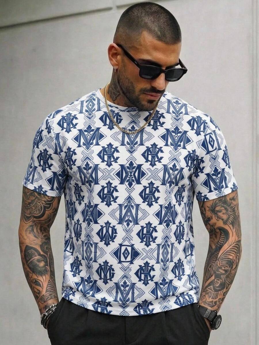 HIMLAND 男士休闲通勤优雅简约印花T恤 - 藍色 - 查看 1