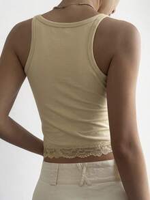 Áo croptop mùa xuân hè, áo hai dây ôm dáng phối ren rỗng, phong cách thường ngày, thích hợp cho nữ dự tiệc cưới, lễ hội, ngày Valentine. - Màu Khaki - Xem 3