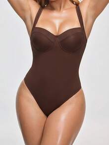 Shapewave Women's Sexy Backless One-Piece Swimsuit, Solid Color, Wire Bra, Tie-Up, Suitable For Beach & Holiday - Brown - View 3