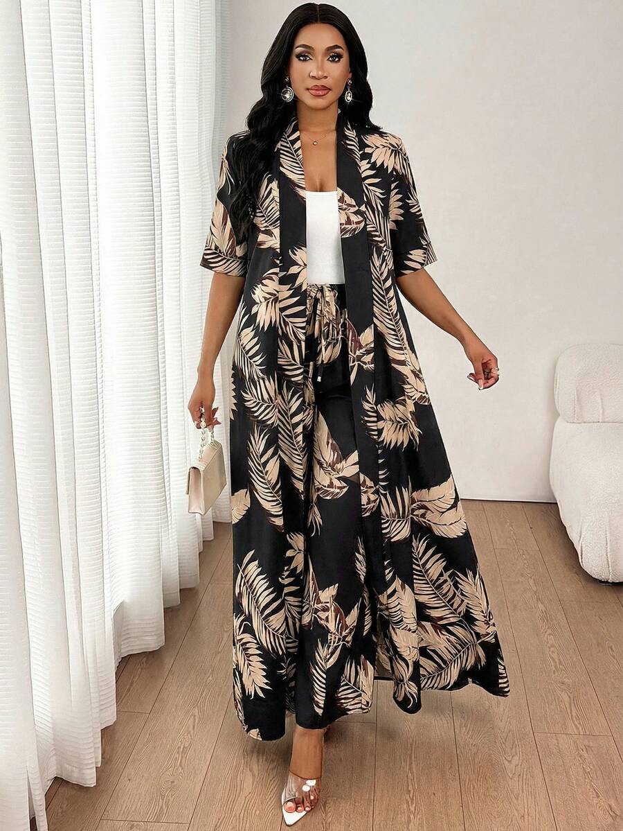 SHEIN Lady 女士热带植物印花短袖和服衬衫和裤子两件套 - 彩色 - 查看 1