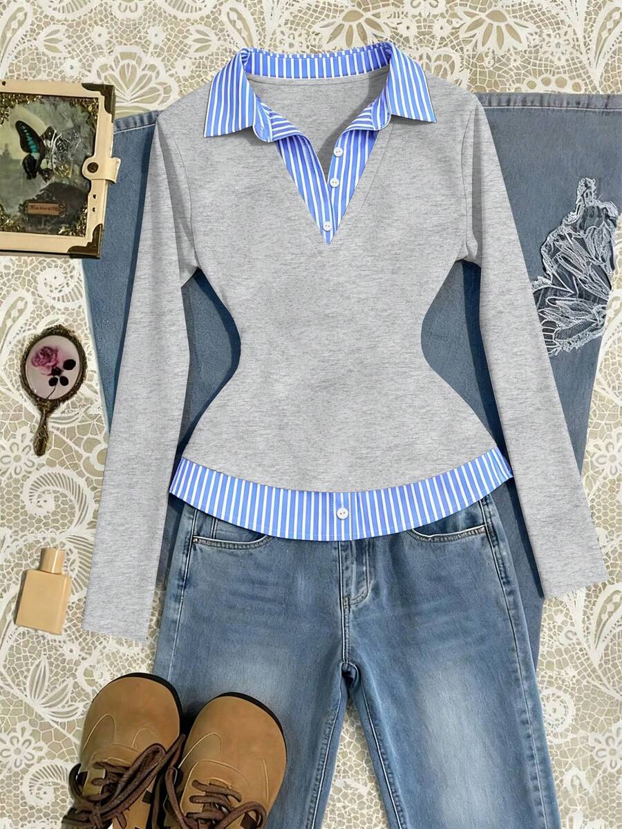 Glimmora Women 2 In 1 Long Sleeve Half-Placket Casual Daily Versatile T-Shirt - Multicolor - View 1