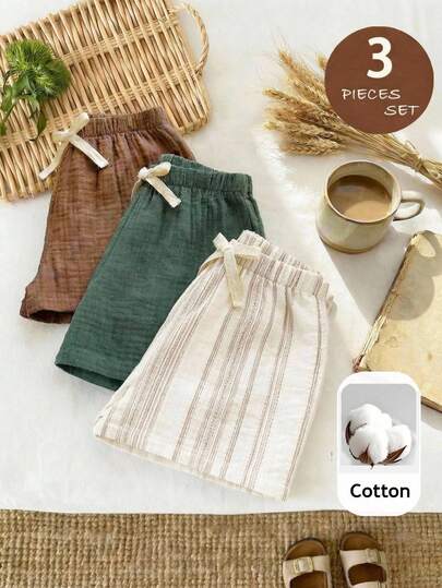 LMoss Kids 男婴条纹纯色短裤三件套，休闲舒适，适合春夏穿着